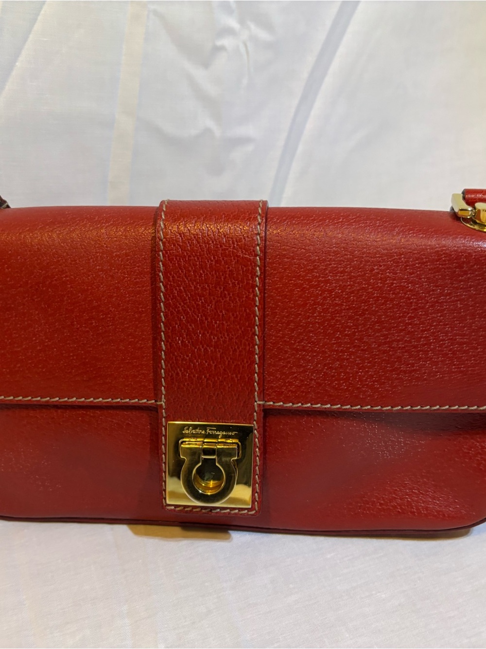 Salvatore Ferragamo Red Leather Shoulder Bag with Gold-Tone Signature Clasp
